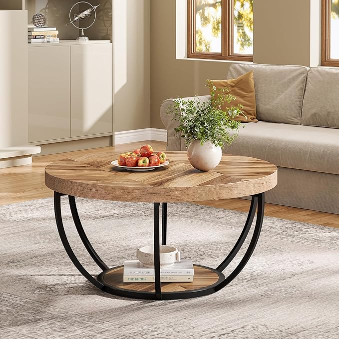 Circle Coffee Table with Storage Shelves