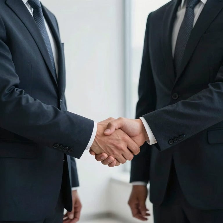 A close-up of two professionals in Global / Professional business attire shaking hands during a successful meeting. Natural light accents Pearl White office walls.