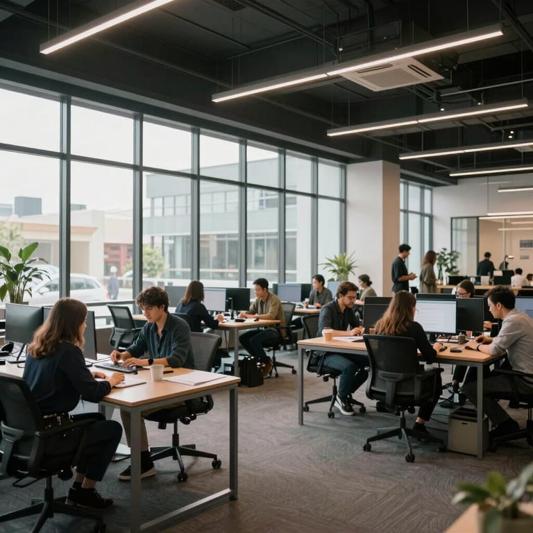 A wide-angle shot of a modern Global / Professional co-working space with large glass windows and people working collaboratively in the background.