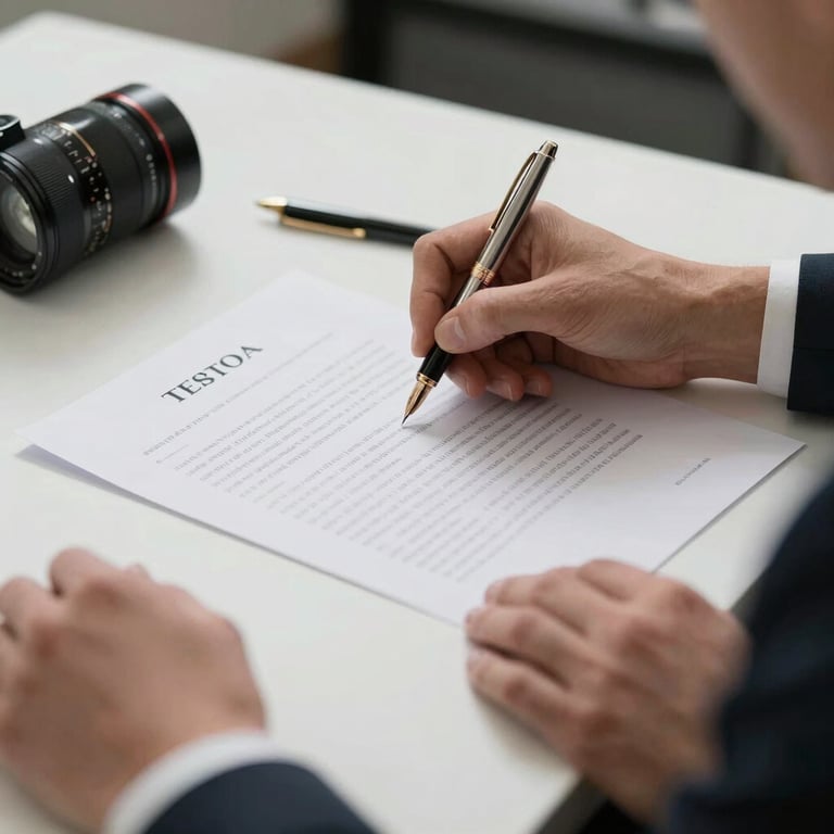 Close-up of a professional hand signing a contract with a luxury pen on a clean, white desk in a Global / Professional setting.