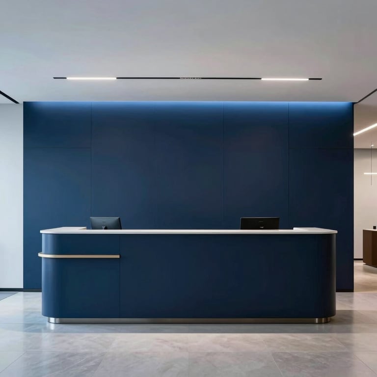 A minimalist, high-end office reception area with a Midnight Navy feature wall and sophisticated Sky Blue lighting.