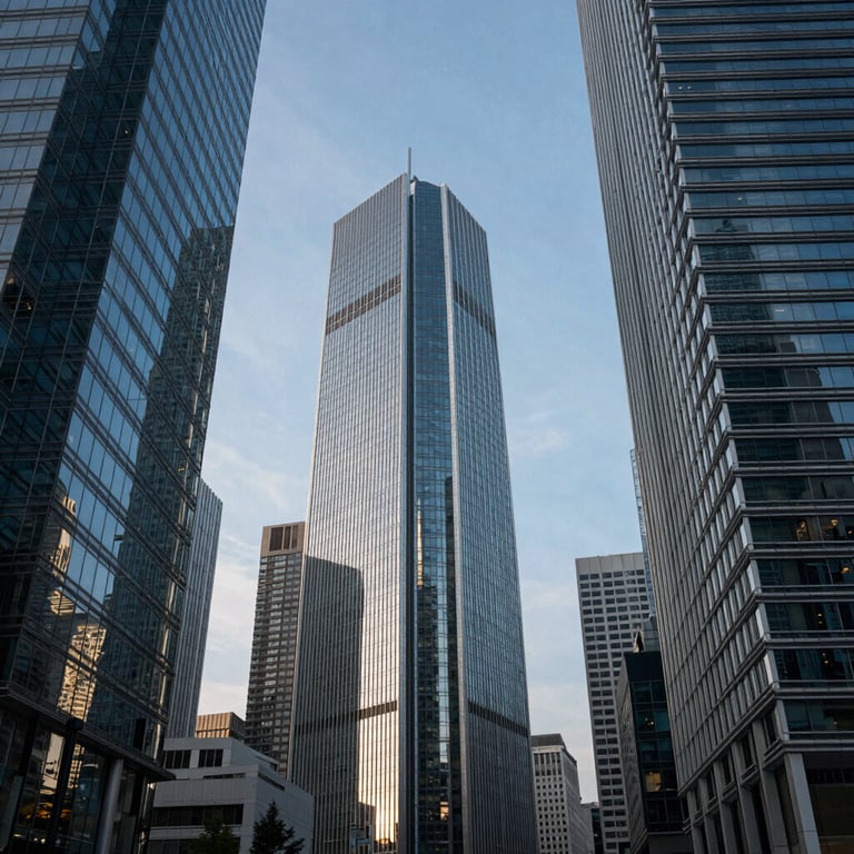 A view of a modern urban financial district with glass skyscrapers reflecting a Sky Blue sky, representing the Global / Professional business landscape.