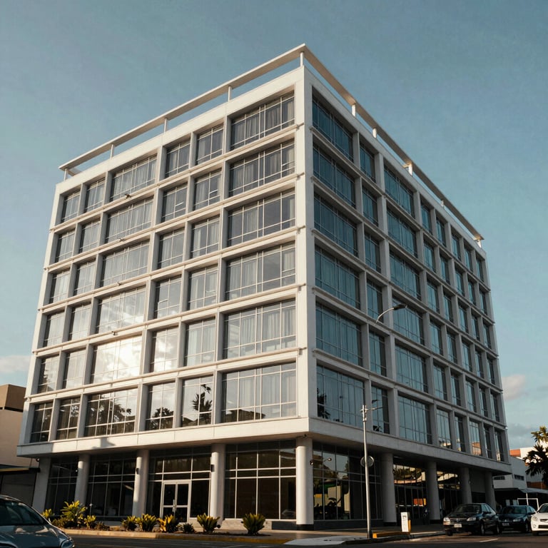The architectural exterior of a modern, professional business center in Costa Rica, featuring glass and white steel under a clear sky.