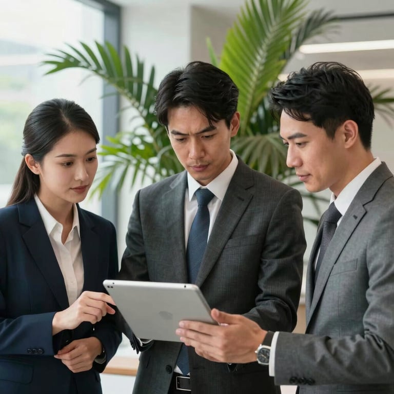 Three professionals in business attire collaborating around a tablet in a bright, modern office with tropical plants in the background.