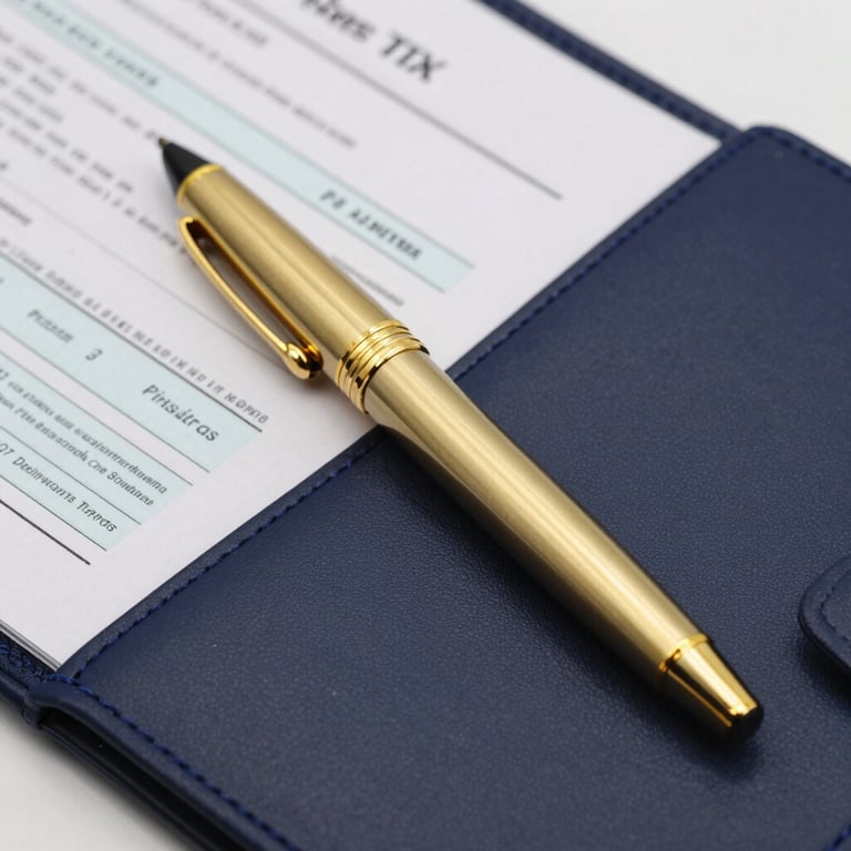 Macro photography of a high-end gold pen resting on a dark navy blue leather folder with financial papers and tax documents.