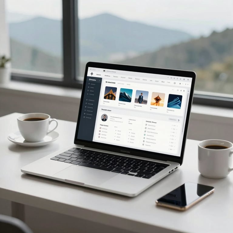 A clean, minimalist workspace featuring a laptop showing a professional dashboard, a cup of coffee, and a view of mountains through the window.