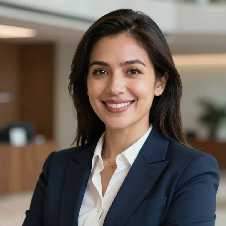 A close-up of a professional woman in a navy blazer smiling confidently in a corporate lobby, elegant Central American business setting.