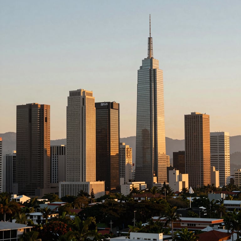 Wide shot of the modern skyline of San Jose, Costa Rica during the golden hour, showing professional skyscrapers and warm light.