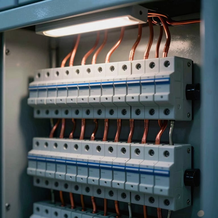 Macro shot of a perfectly organized industrial electrical panel, clean copper wiring, circuit breakers aligned, crisp cool work light, 35mm lens