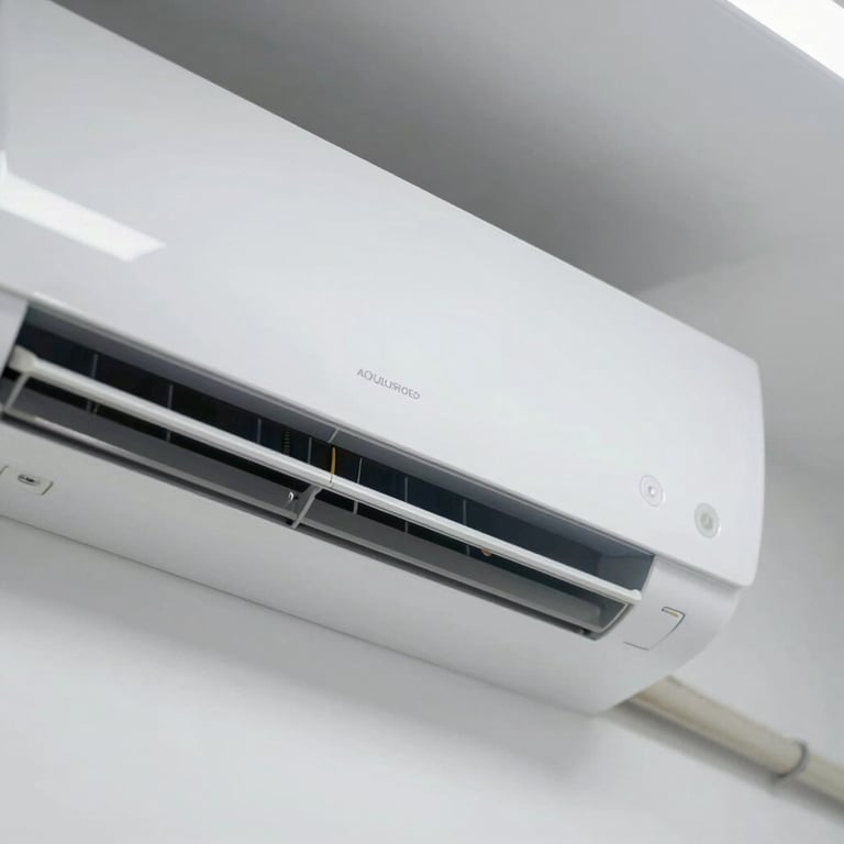 Close-up of a modern white wall-mounted air conditioning unit in a clean, brightly lit corporate office with soft daylight, sharp details.