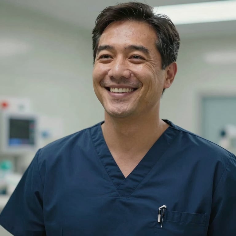 Close up of a medical professional smiling warmly while wearing navy blue scrubs in a North American / US facility.
