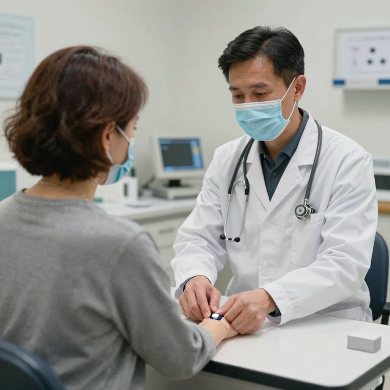 A professional healthcare provider checking a patient's pulse in a modern North American / US clinic, highlighting reliability and care.