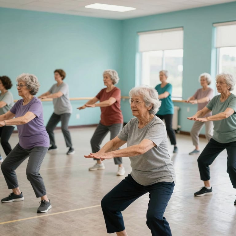 A group of diverse seniors participating in a wellness class in a bright North American / US community center, with soft aqua wall accents.
