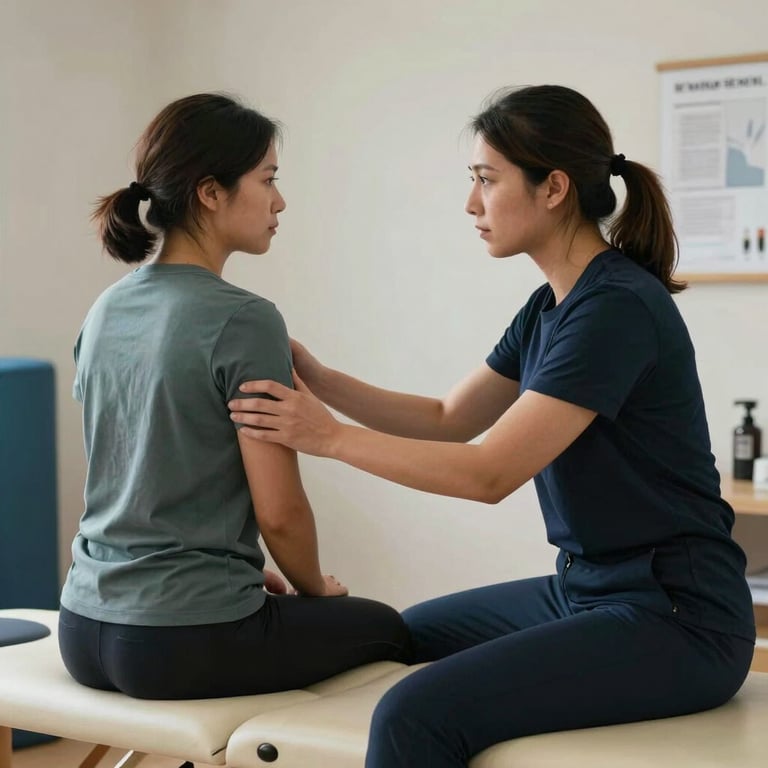 A patient and a therapist working together in a well-lit physical therapy room in North American / US, focusing on empowerment.