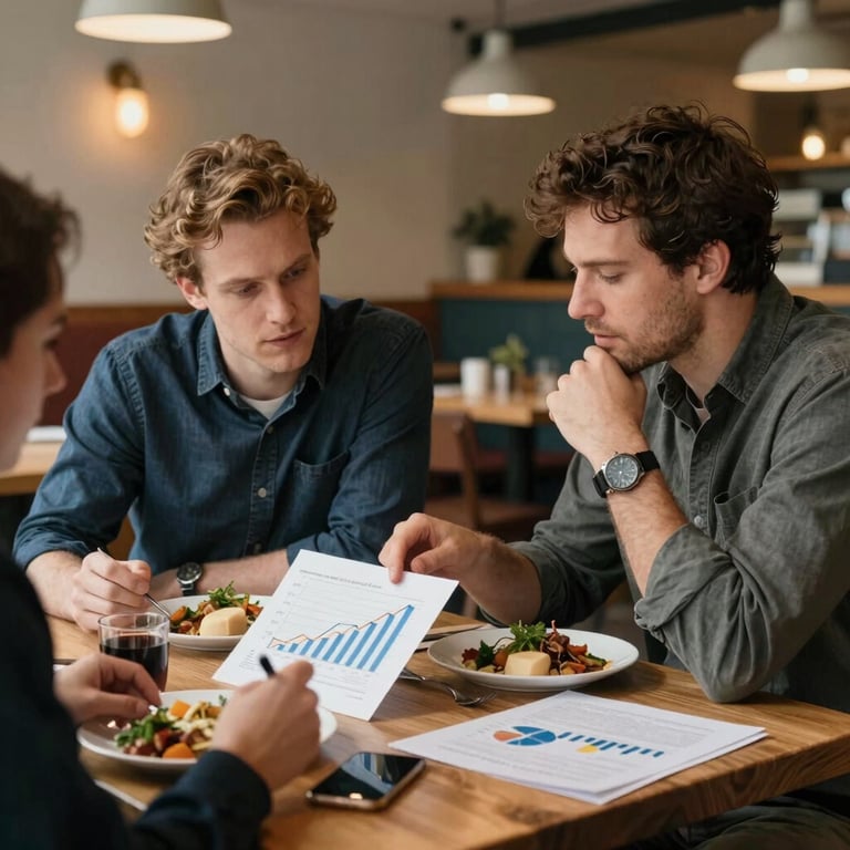 A candid moment of two digital strategists discussing growth charts over lunch in a cozy, scandinavian-style restaurant with warm lighting, North American / International.