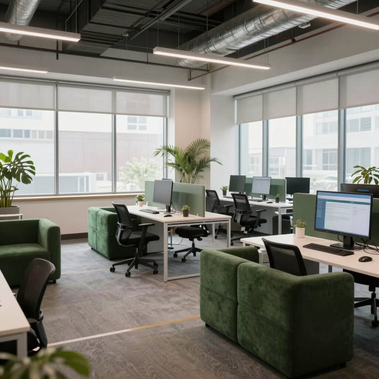 A wide shot of a bright, open-plan digital agency workspace with Matte Forest Green furniture accents and large windows, North American / International.