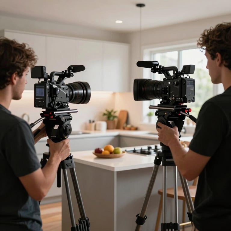 Behind-the-scenes shot of a professional camera crew filming a lifestyle sequence in a modern, sophisticated kitchen environment, North American / International.