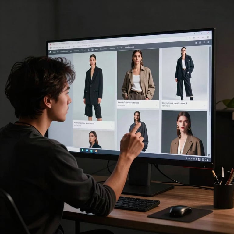A creative director reviewing high-fashion marketing content on a large high-resolution monitor in a dark, sophisticated studio, North American / International.