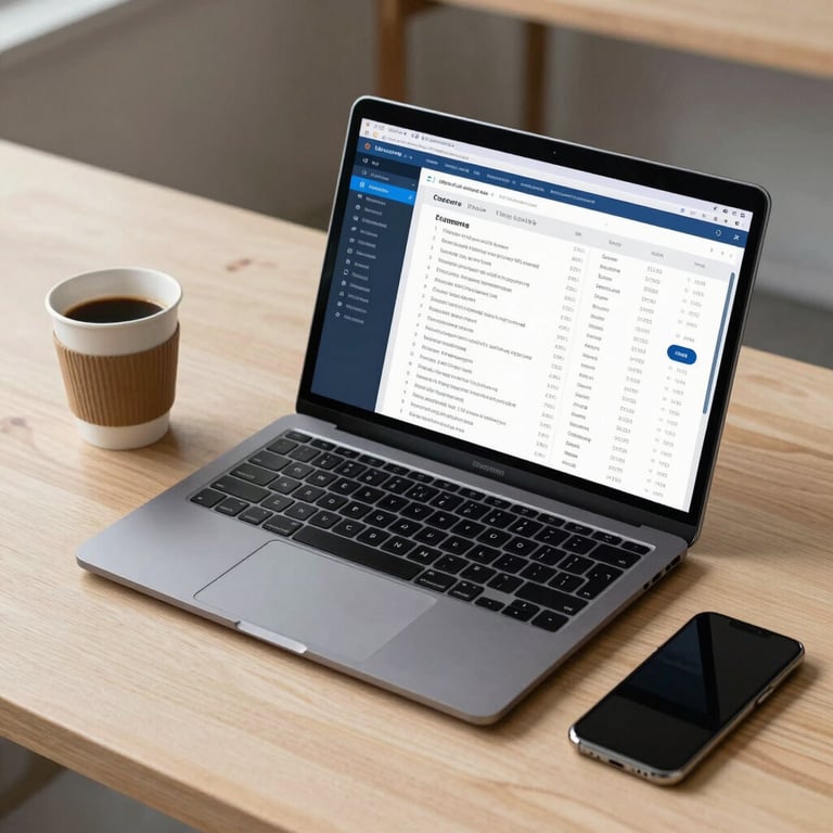 A minimalist workstation with a modern laptop showing commerce data, a coffee cup, and a smartphone on a light wood desk, North American / International professional setting.