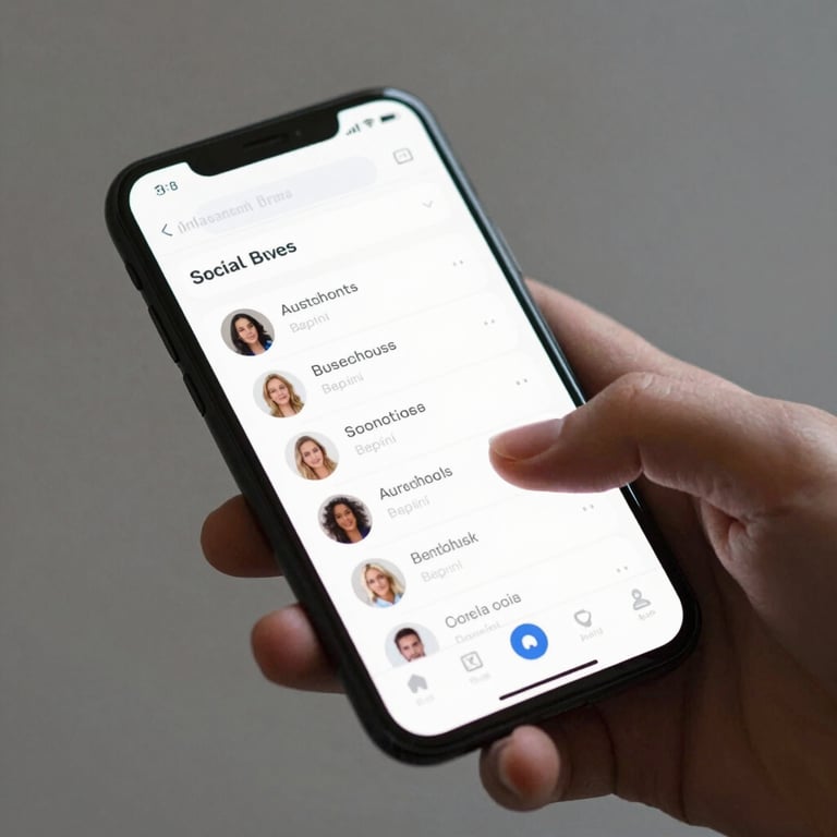 A close-up of a person's thumb scrolling through a sleek, innovative social app interface.