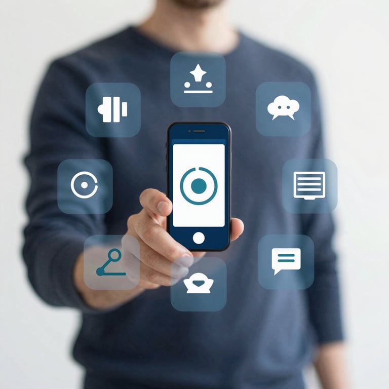 Modern digital illustration of abstract shapes and mobile connectivity symbols using #2E6C6C and #74A7A7.