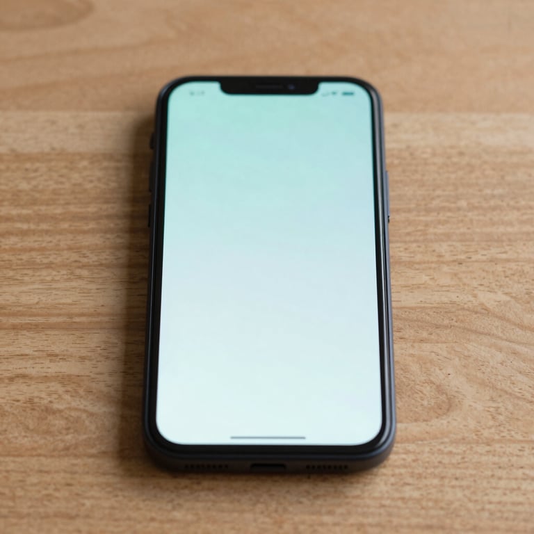 A minimalist Android phone on a clean wooden desk, screen glowing with a soft #74A7A7 light.