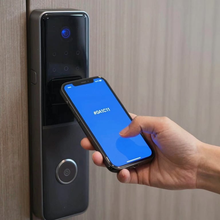 A person using a phone to unlock a smart door, highlighting utility and modern integration, with #0A1C1C accents.