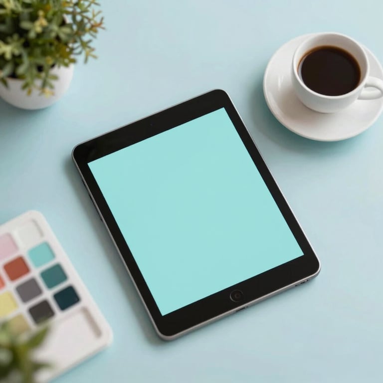 An overhead view of a creative workspace with an Android tablet and a cup of coffee, palette of #F0F8F8.