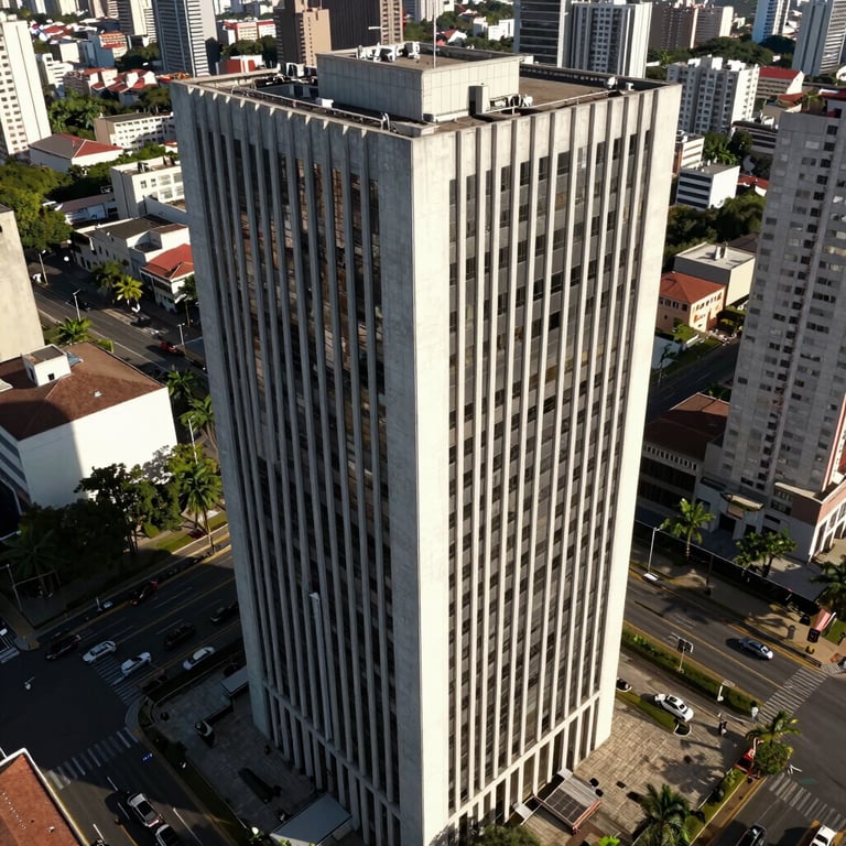 An aerial view of a modern corporate building in Brazil, conveying authority and solid infrastructure.