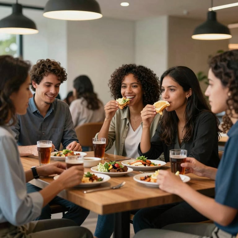 South American / Brazilian employees enjoying a healthy break in a corporate lounge, conveying employee satisfaction.