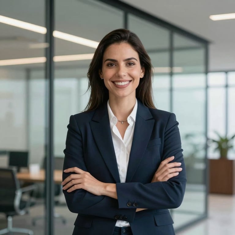 A South American / Brazilian female executive smiling confidently in a modern glass office, representing corporate well-being.