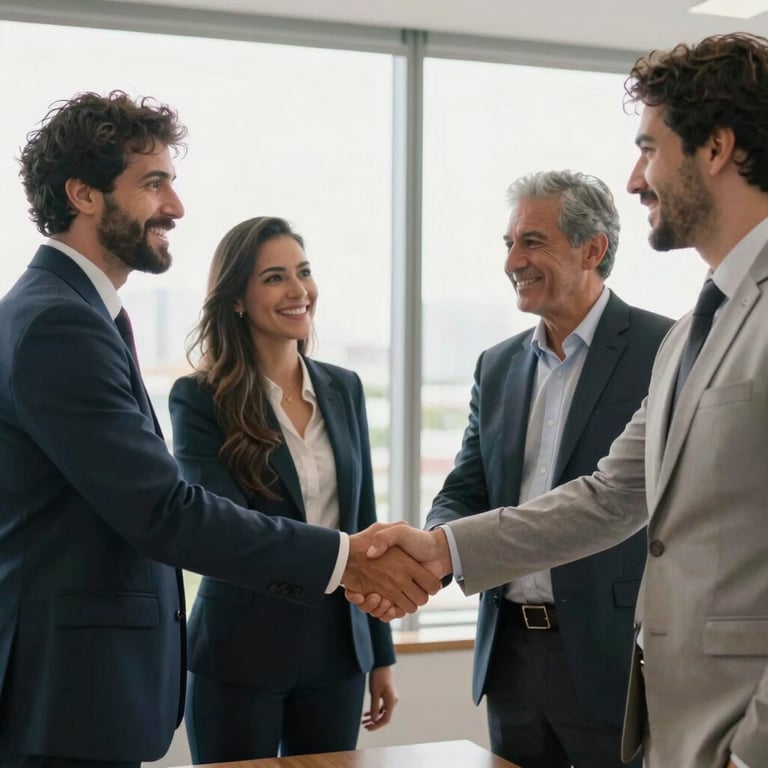 Colleagues shaking hands after a successful meeting in a bright, modern corporate setting in Brazil, wearing elegant business attire.