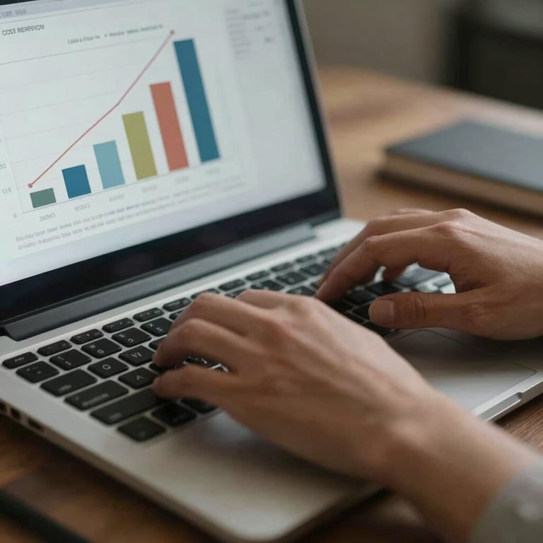A close-up of hands typing on a laptop with statistical graphs showing cost reduction on a screen, professional lighting.