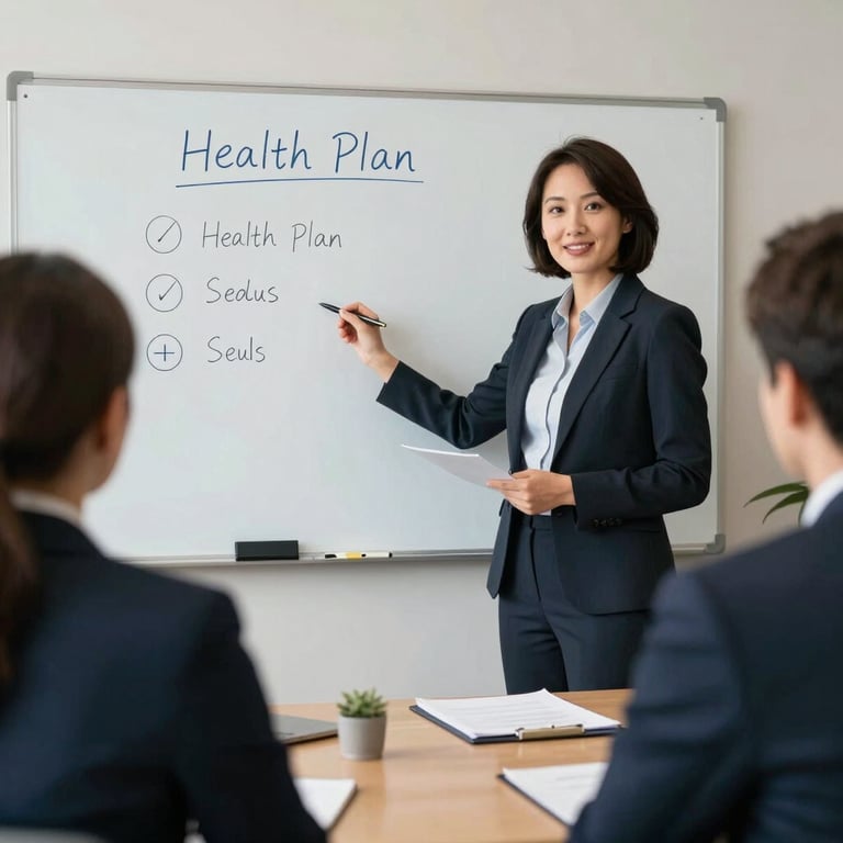 A consultant presenting health plan options on a whiteboard to attentive corporate clients, professional and trustworthy environment.