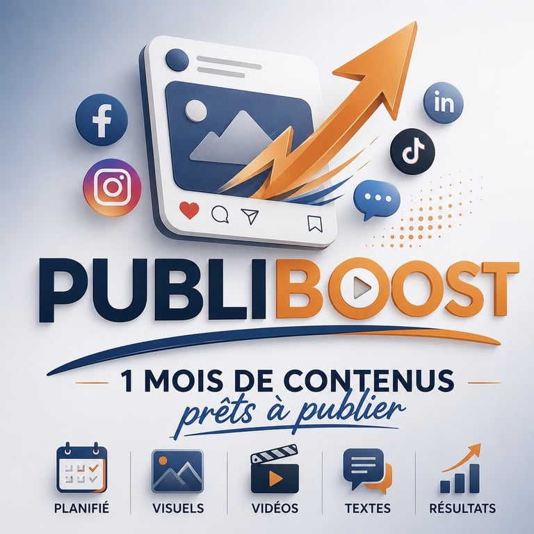 logo publiboost avec livrables planning visuels videos textes resultats