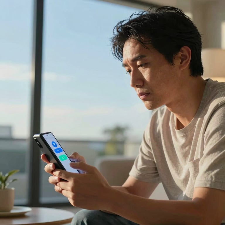 A patient in a sunny Sydney, Australia home environment looking relieved while interacting with a medical chatbot on their smartphone, soft sky blue tones.