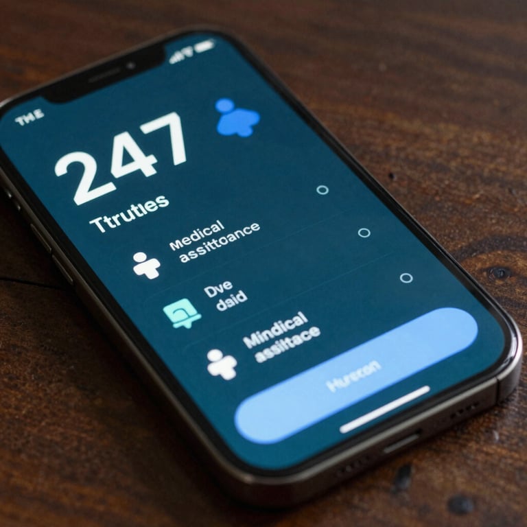 A macro shot of a sleek smartphone displaying a 24/7 medical assistance interface, clean design with dark teal and sky blue branding.