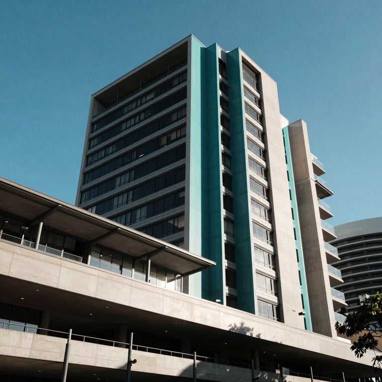 An outdoor shot of a modern medical building in Sydney, Australia with clear blue skies and ocean teal architectural accents.