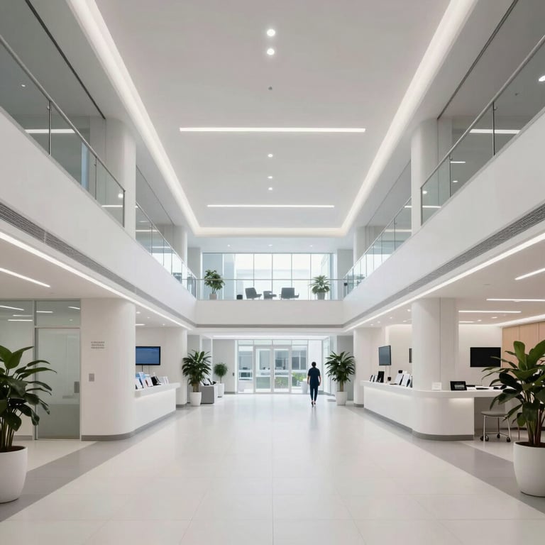A wide shot of a modern healthcare facility in Sydney, Australia with clean lines and efficient, mist white interiors.