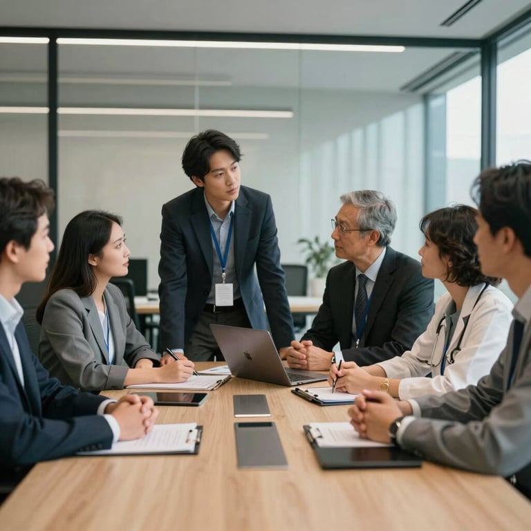 A professional team meeting in a high-tech Sydney office, discussing innovative AI solutions for healthcare, soft and trusting atmosphere.