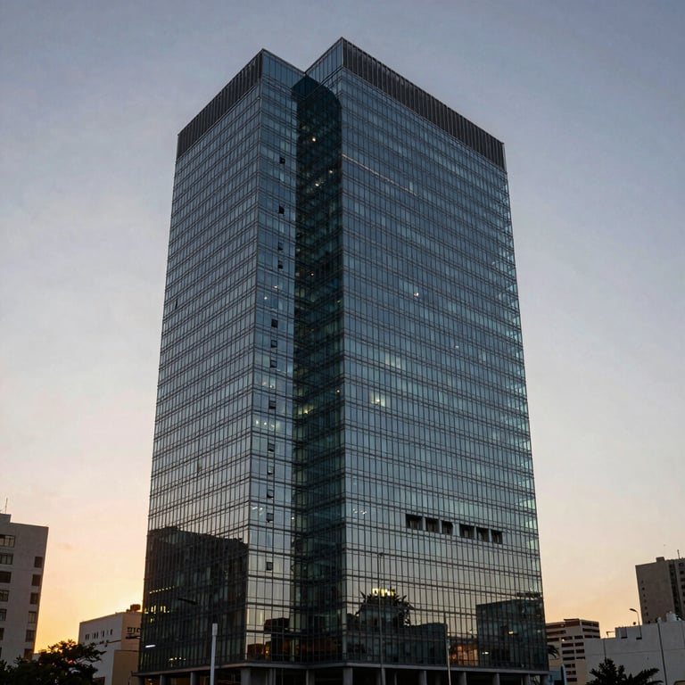 Modern glass corporate building in a South American city at sunset.