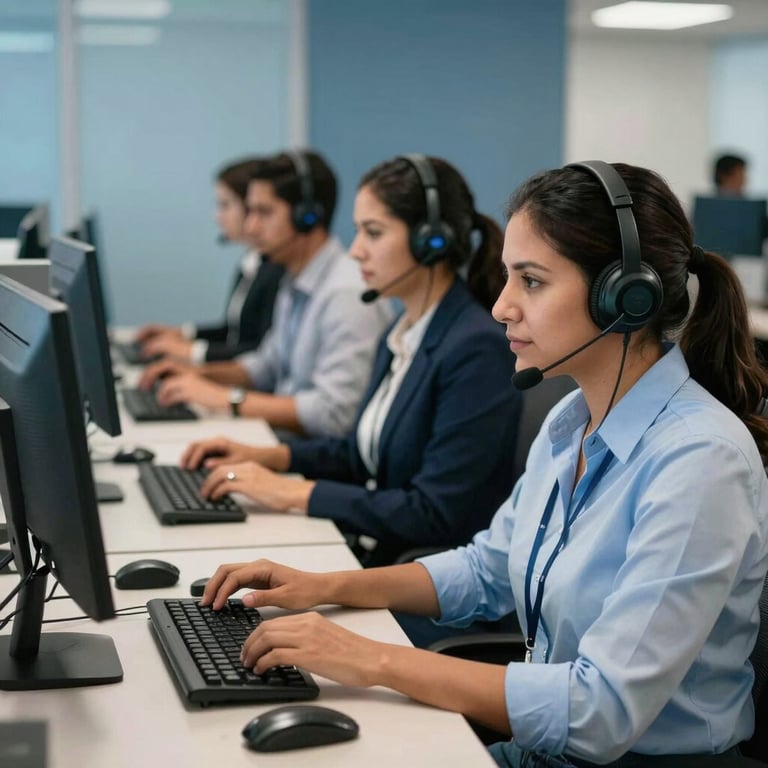 Group of professional South American workers in a modern call center using computers, Steel Blue office decor.