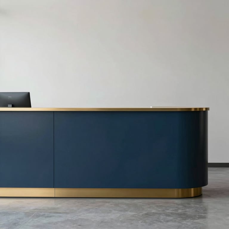 Clean minimalist office reception with Midnight Blue and Muted Gold accents.