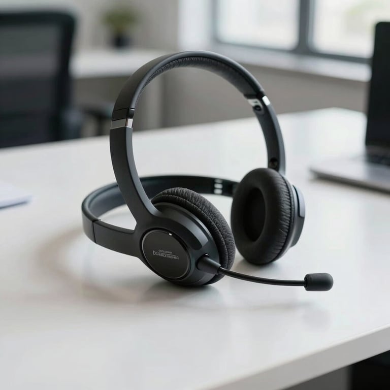 Professional sleek headset on a white desk in a South American office, natural light.