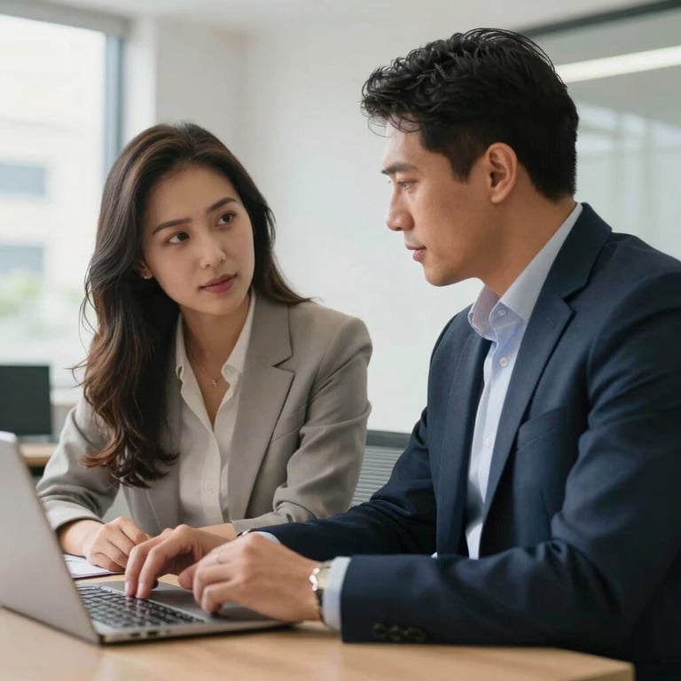 Two colleagues in business attire collaborating in a bright workspace, Brazilian setting.