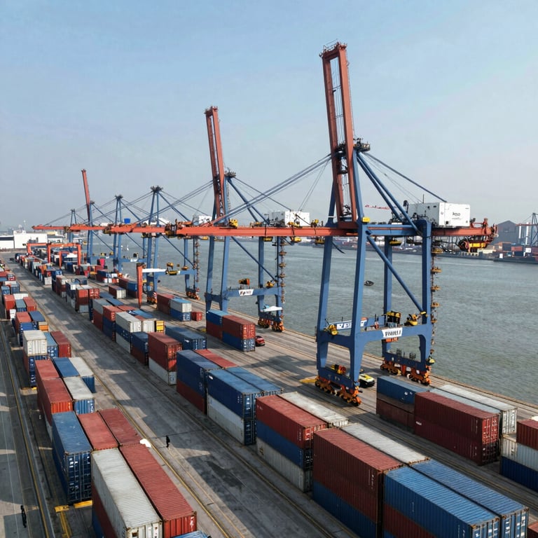 An aerial view of a busy international logistics port with organized rows of containers and massive cranes under a clear sky.