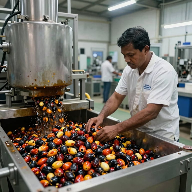 Sustainable palm oil being processed in a modern, clean, and highly technological facility, showing global quality standards.