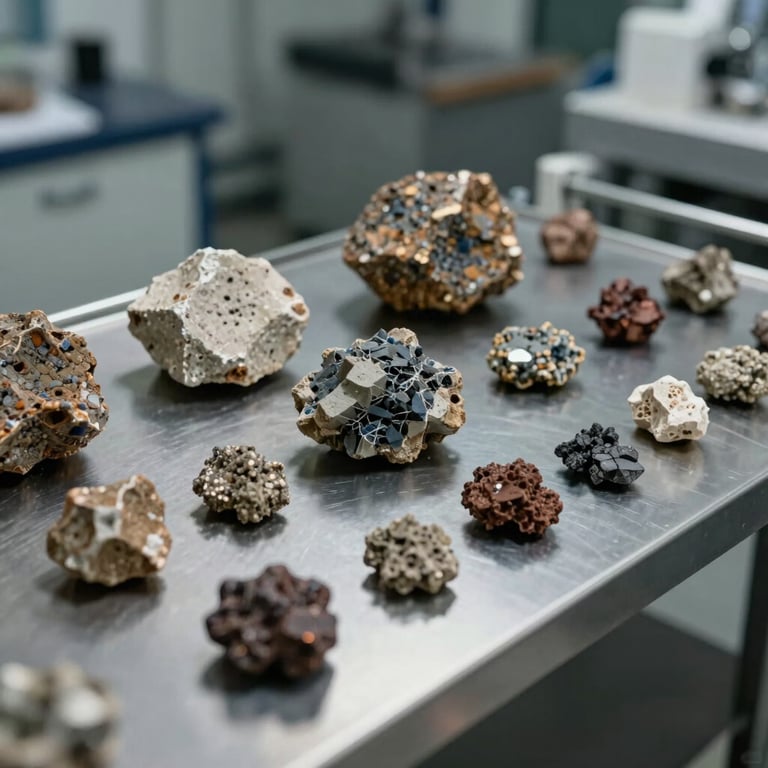 A close-up of various raw minerals and ores organized on a minimalist steel surface in a sophisticated industrial environment.