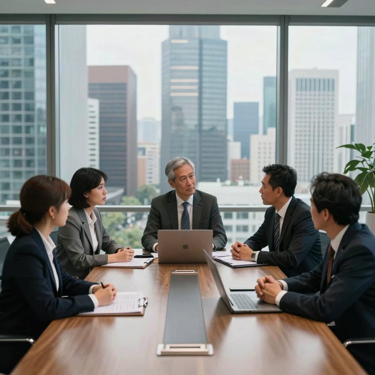 A team of diverse professionals in a high-rise corporate boardroom discussing global trade strategy, overlooking a modern city skyline.