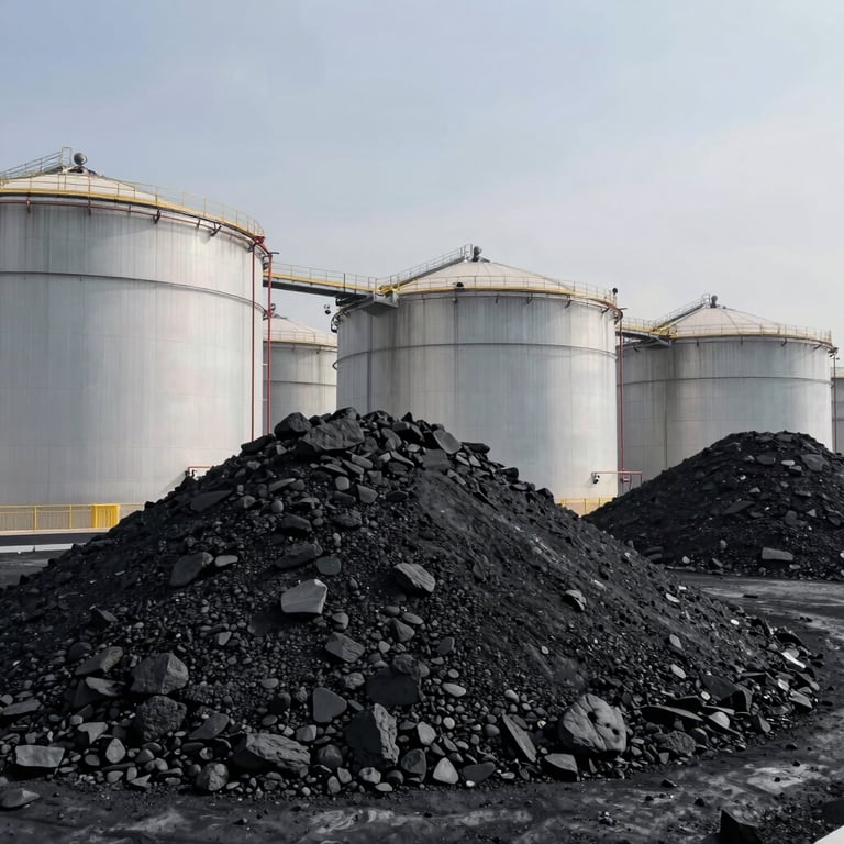 A large-scale storage facility housing high-grade industrial coal under professional lighting, international / global setting.
